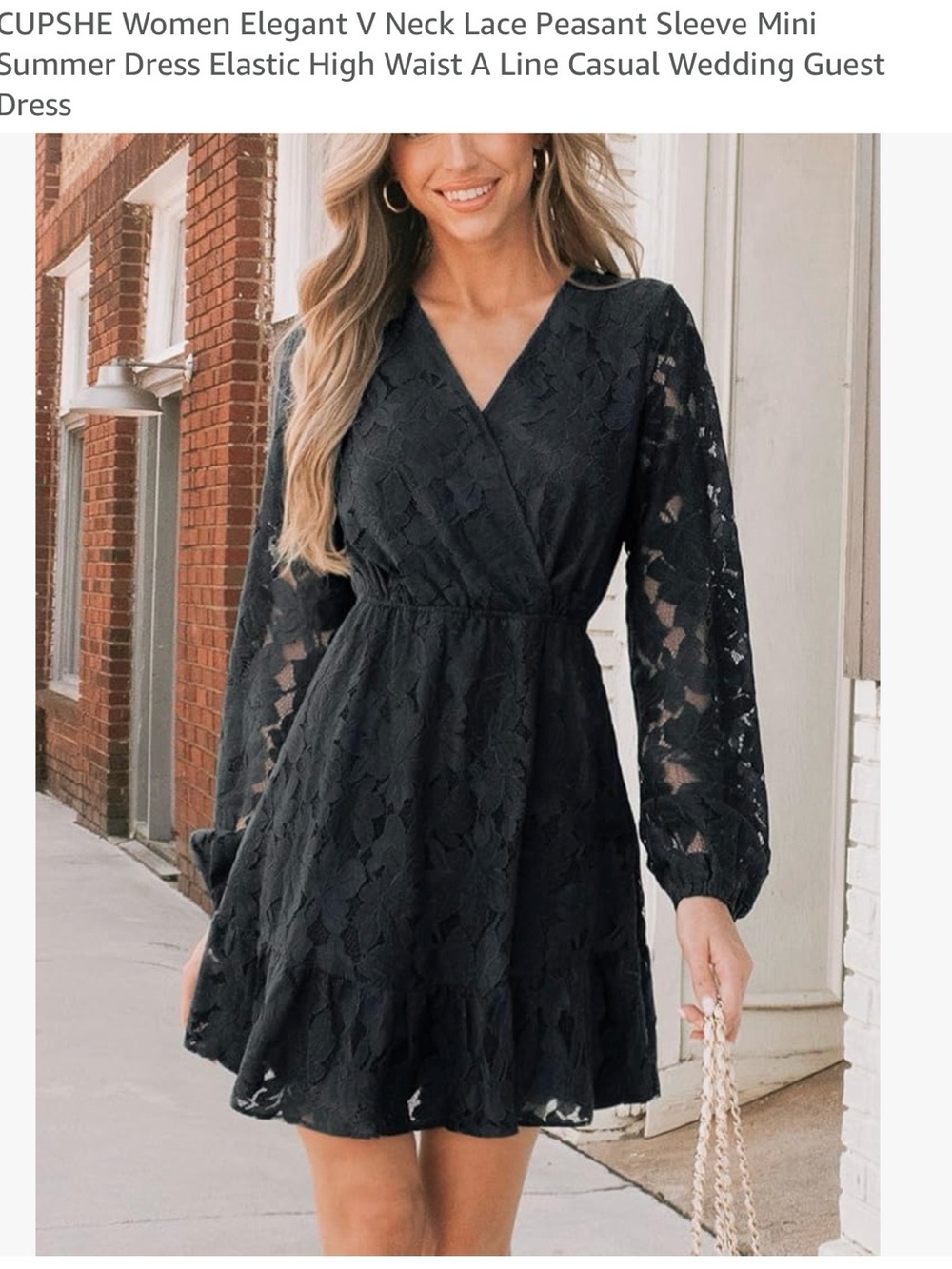 Cupshe Black Lace V-Neck Elastic Waist Peasant Sleeve Mini Dress